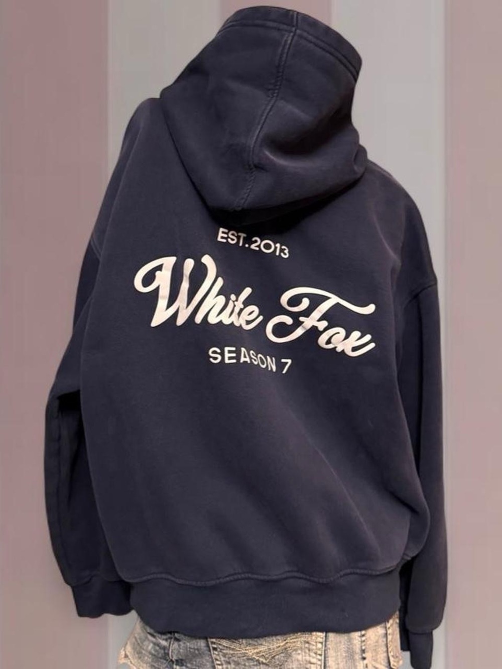 White Fox Boutique Navy hoodie with blue graphic